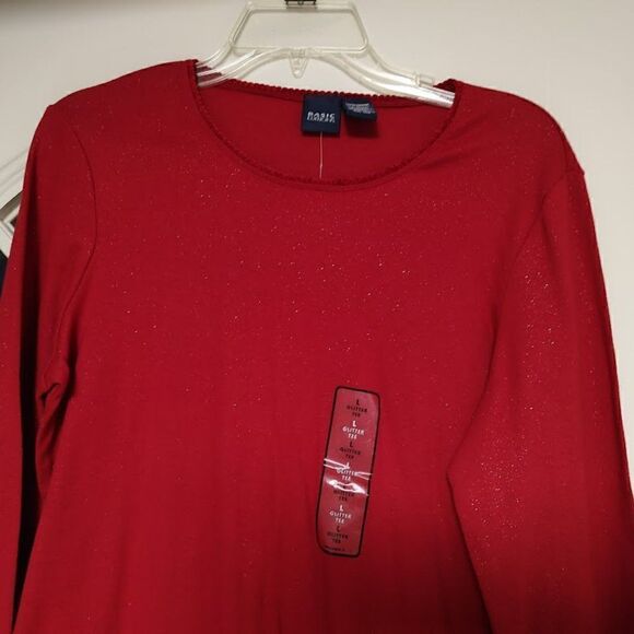 New Basic Editions Red Glitter Long Sleeve Tee Women's L - Picture 2 of 2